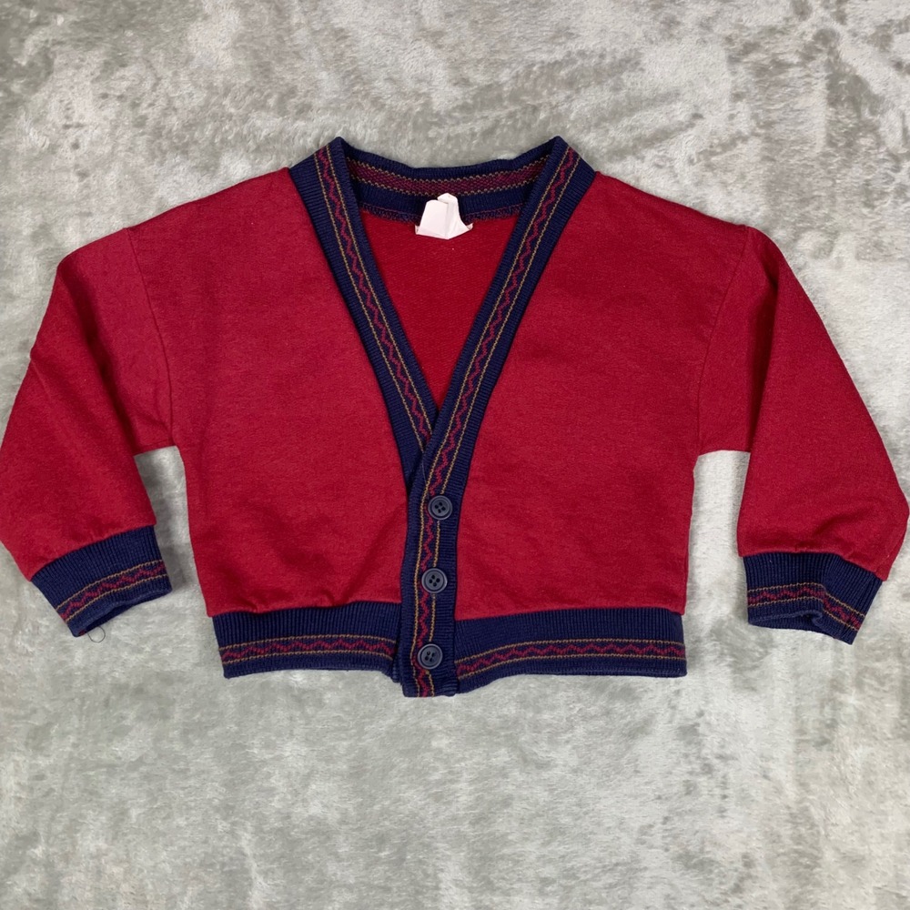 Vintage 2T Maroon Navy Button Front Cardigan Sweater Knit Made in USA Grandpa